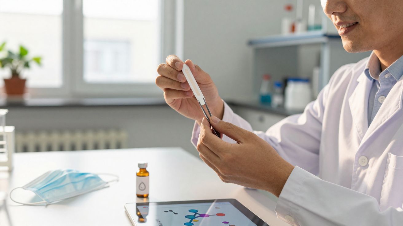 Pessoa em bata branca segurando um termómetro digital num ambiente clínico com máscara, frasco e tablet à frente.