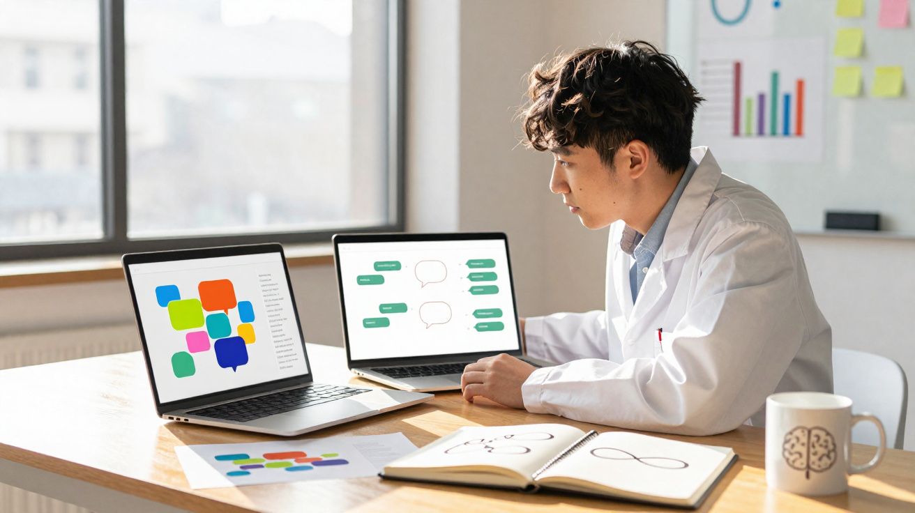 Homem jovem em bata branca analisa gráficos e diagramas em dois portáteis num escritório iluminado.