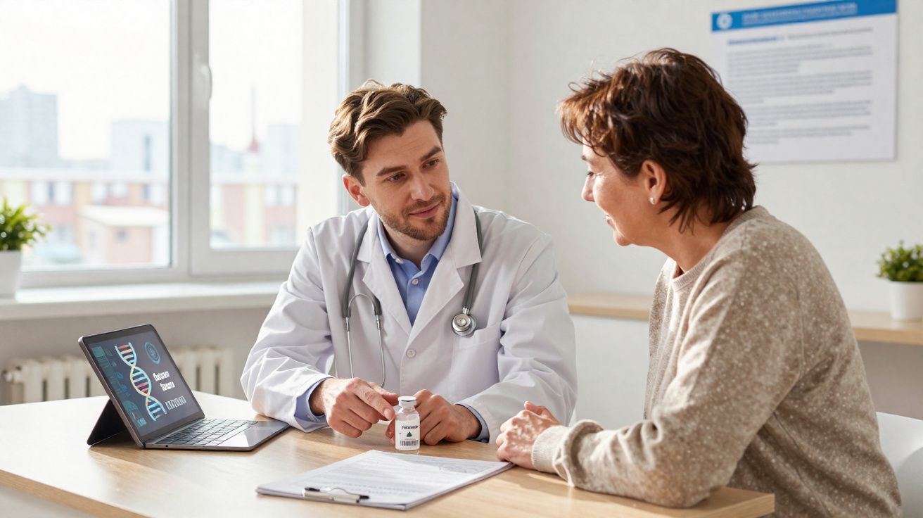Médico a explicar tratamento a paciente numa consulta com tablet e documentos numa sala iluminada.