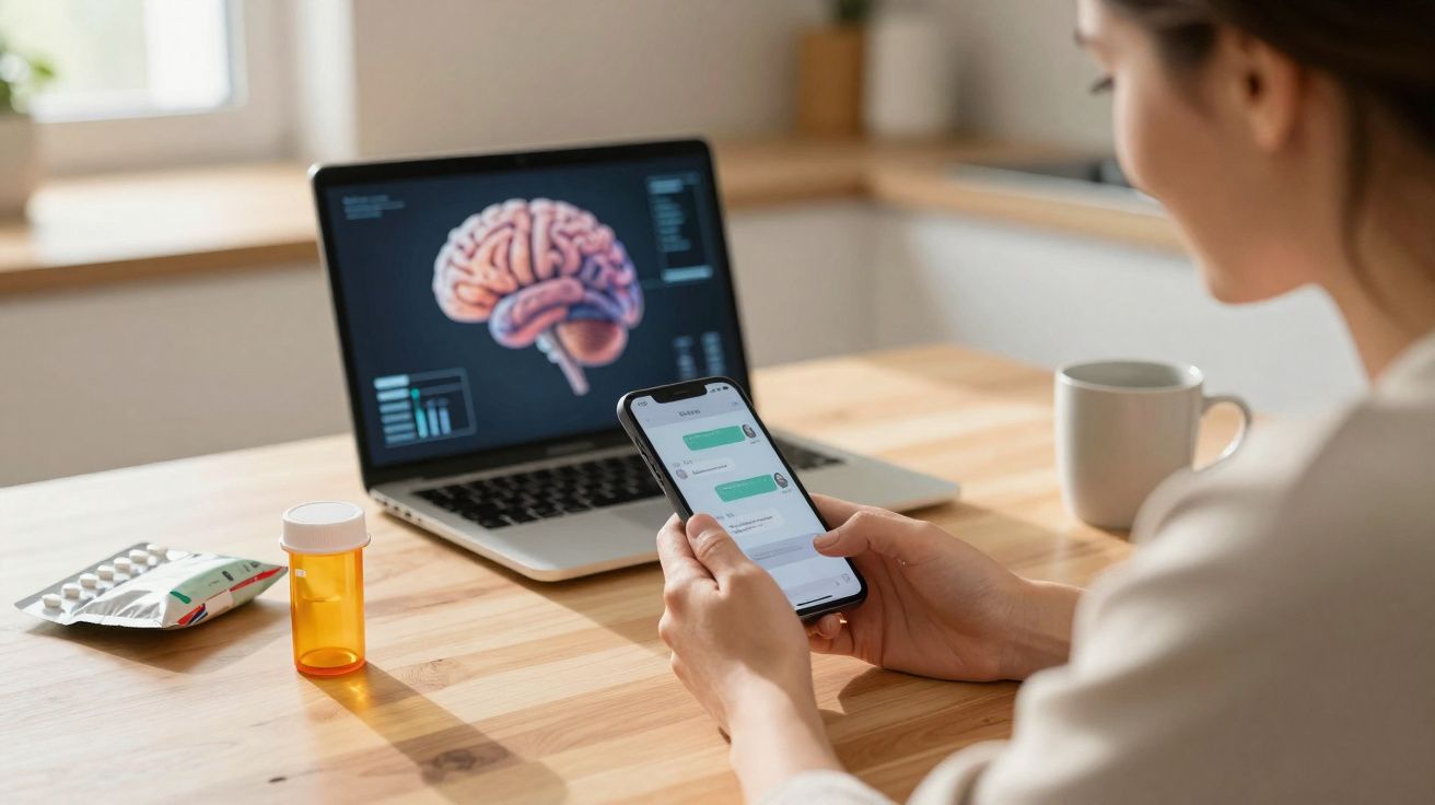 Pessoa a usar telemóvel com chat aberto, ao lado de computador com imagem de cérebro e medicamentos numa mesa de madeira.