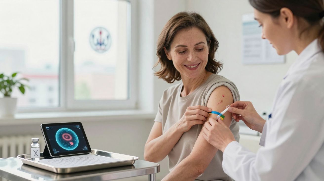 Mulher sorridente a receber vacina no braço por profissional de saúde em clínica moderna e iluminada.