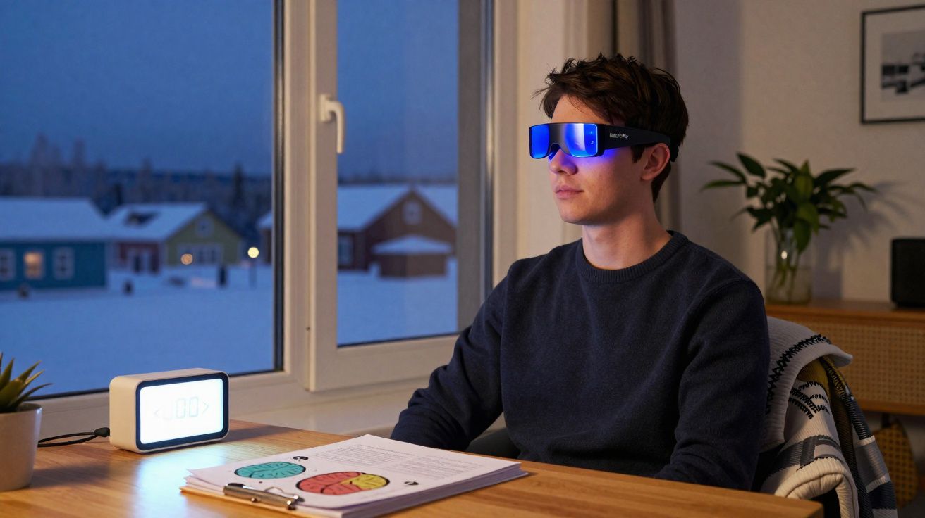 Homem sentado à mesa a usar óculos de luz azul, com vista noturna pela janela e documentos à sua frente.