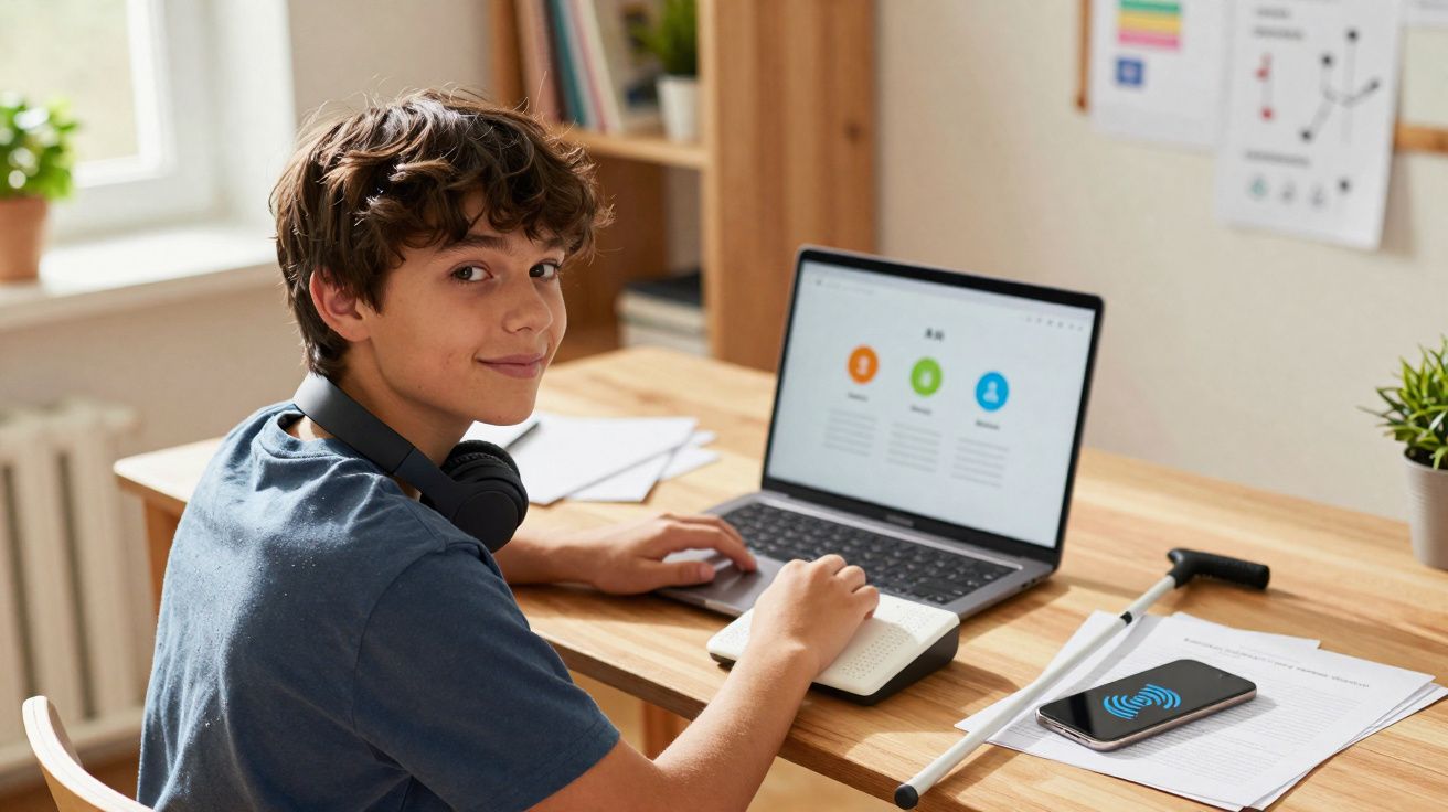Rapaz sentado numa secretária com computador portátil, teclado braille e bengala branca, a sorrir.