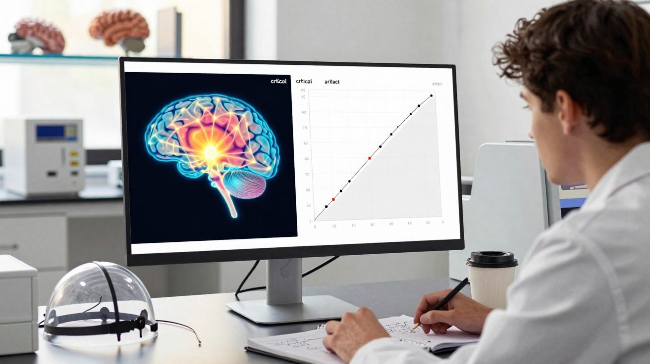 Profissional de saúde analisa imagem digital do cérebro e gráfico num ecrã de computador num laboratório.
