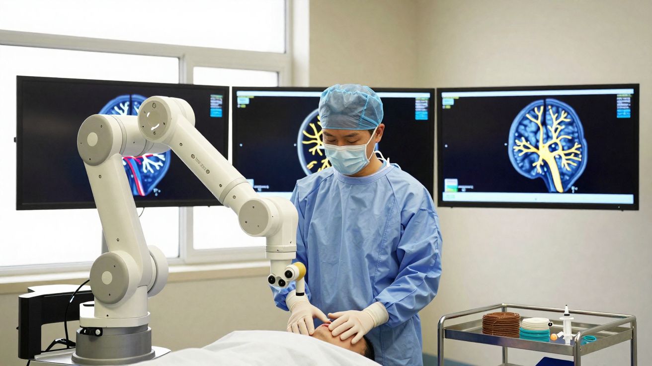 Médico em sala cirúrgica com equipamento robótico e ecrãs a mostrar imagens cerebrais durante procedimento médico.