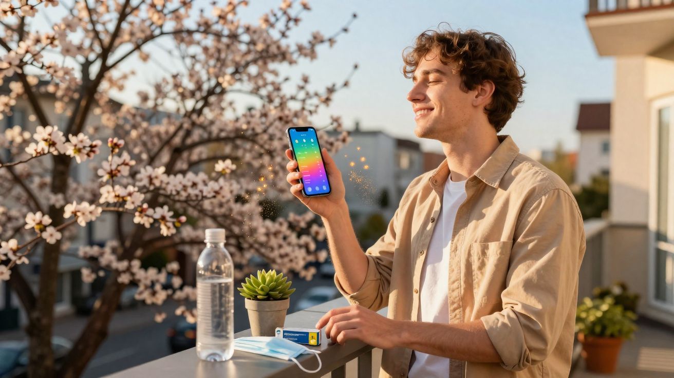 Jovem sorridente segura telemóvel na varanda com árvore florida ao fundo, garrafa de água e máscara na mesa.