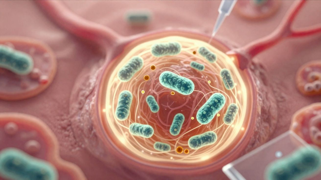 Célula a ser injetada com material genético, vista microscópica de bactérias e estrutura interna detalhada.
