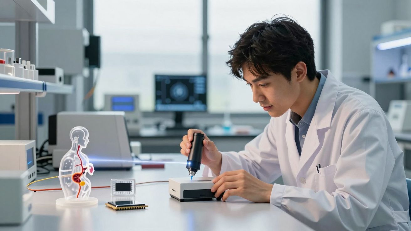 Cientista em bata branca examina dispositivo tecnológico numa mesa de laboratório moderno.