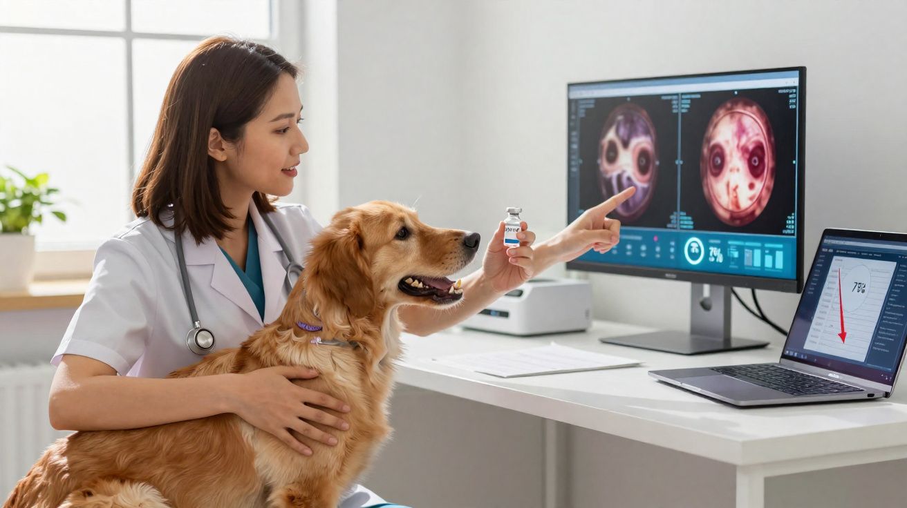 Veterinária com cão golden retriever mostra vacina enquanto analisa imagens médicas num consultório.
