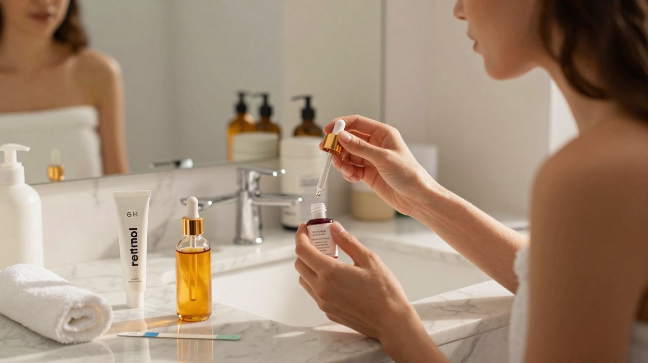 Mulher a aplicar sérum no rosto junto a produtos de cuidados de pele numa casa de banho moderna.