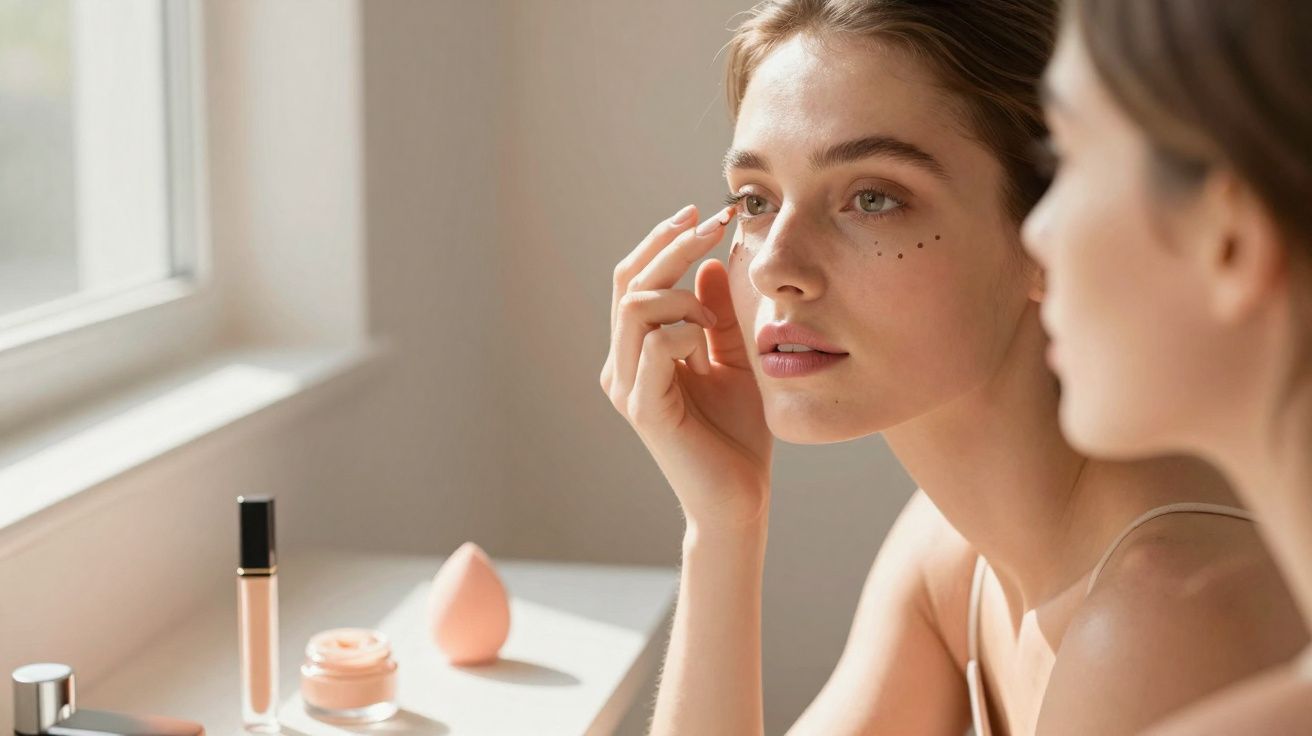 Mulher jovem aplica maquilhagem com esponja e produtos cosméticos junto a janela iluminada.