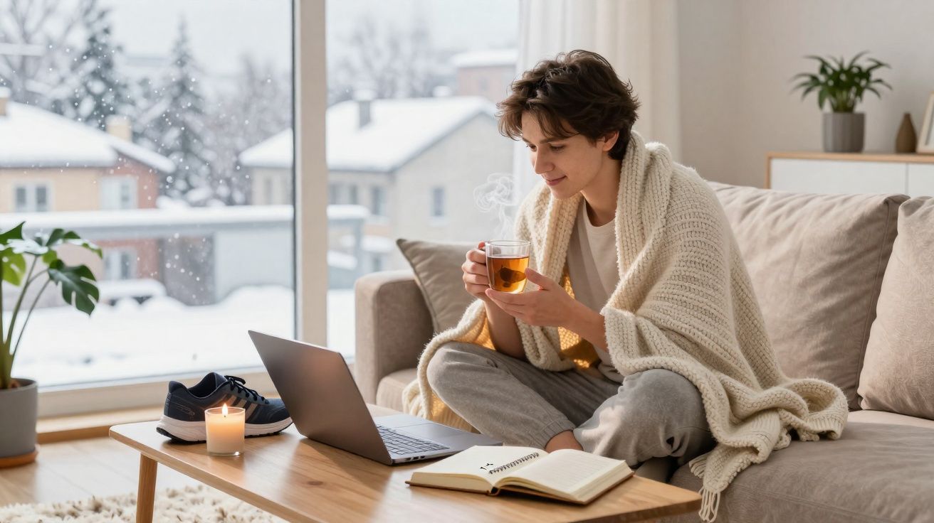 Pessoa sentada no sofá envolvida em manta, a beber chá e a olhar para portátil numa manhã de neve.