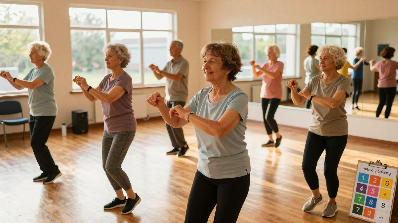 Grupo de idosos a praticar aula de dança num estúdio com espelho e janelas amplas.