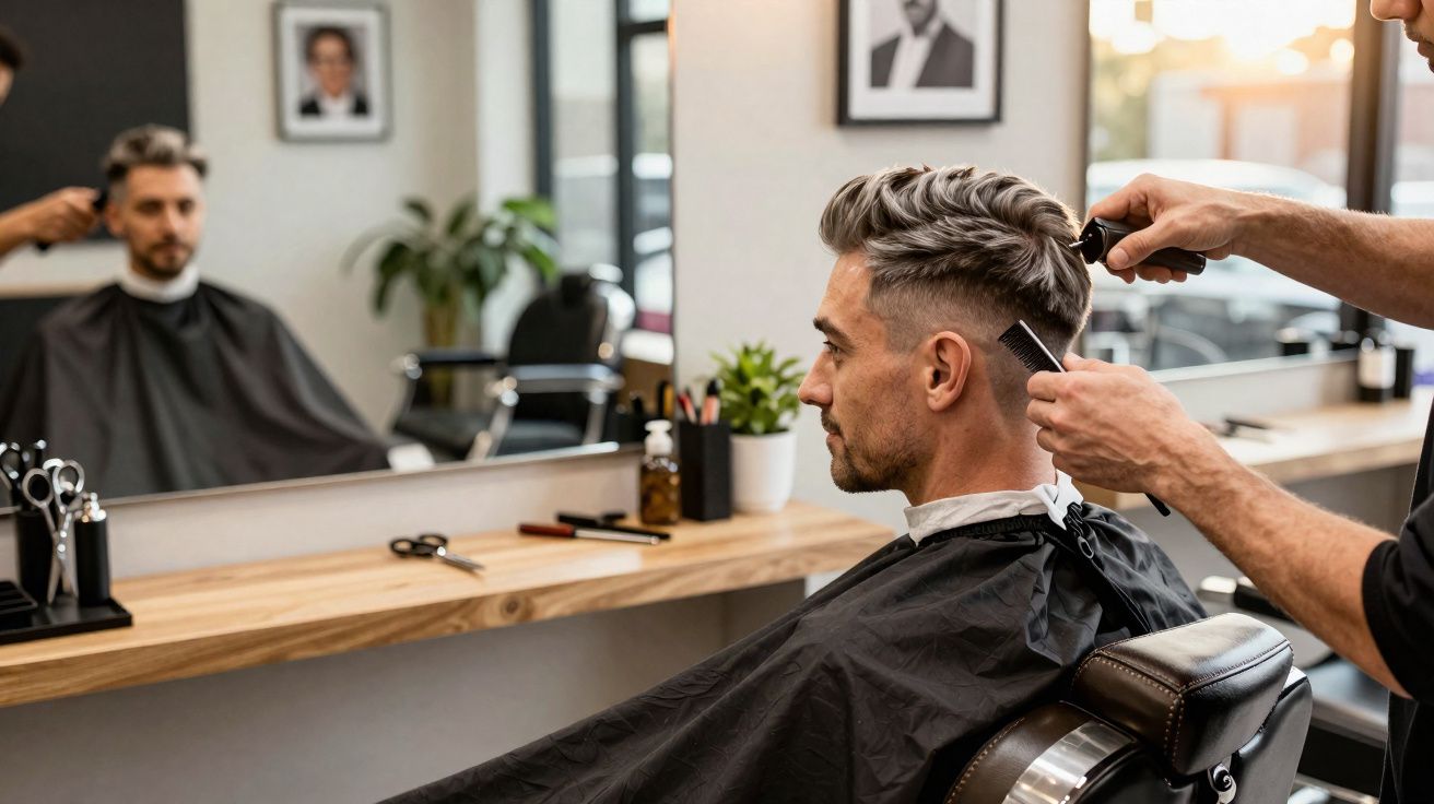Homem sentado a cortar cabelo num salão, visto de lado, com espelho e utensílios de cabeleireiro.