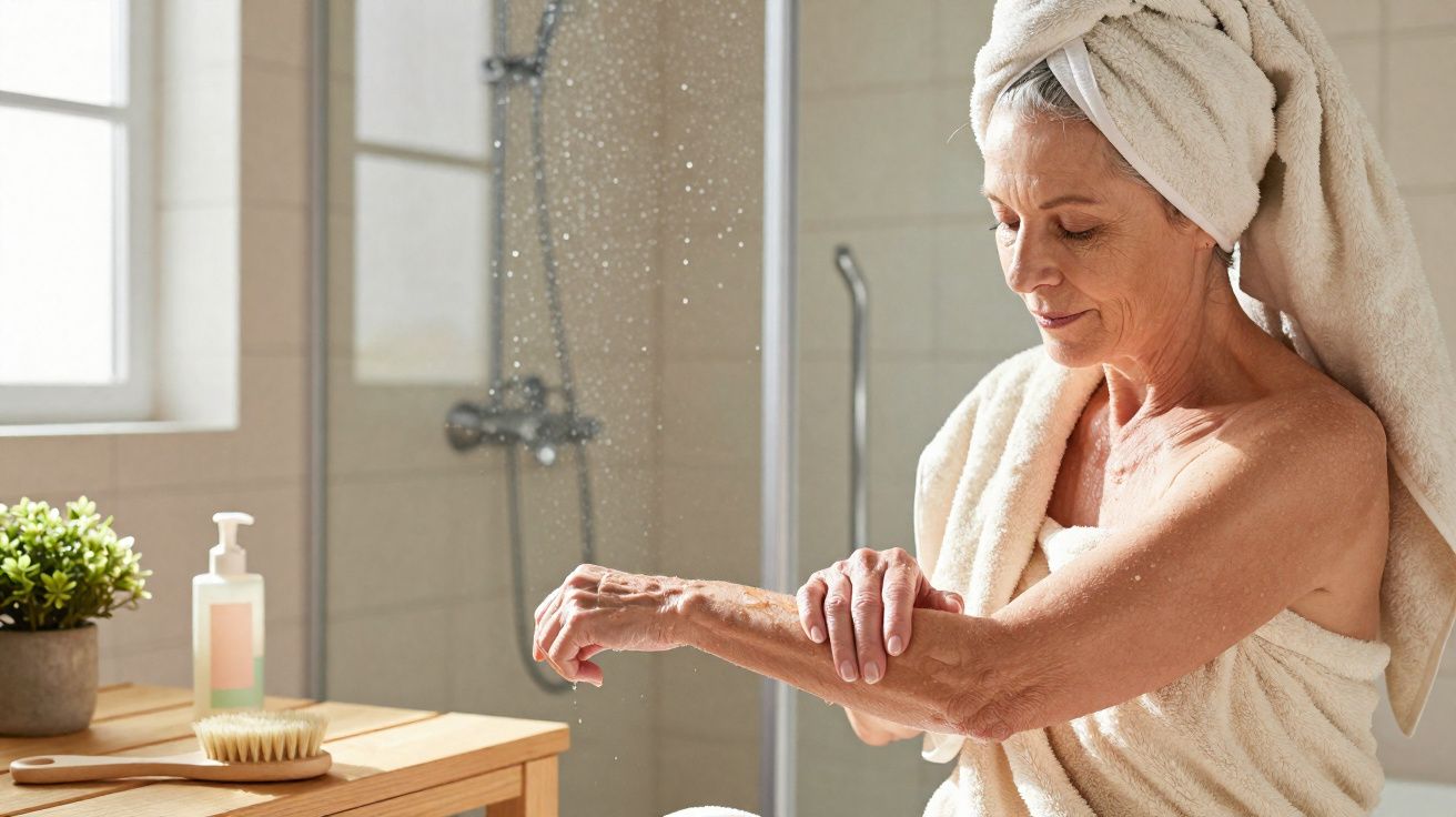 Mulher com toalha húmida no corpo e cabeça, aplicando creme nos braços numa casa de banho.