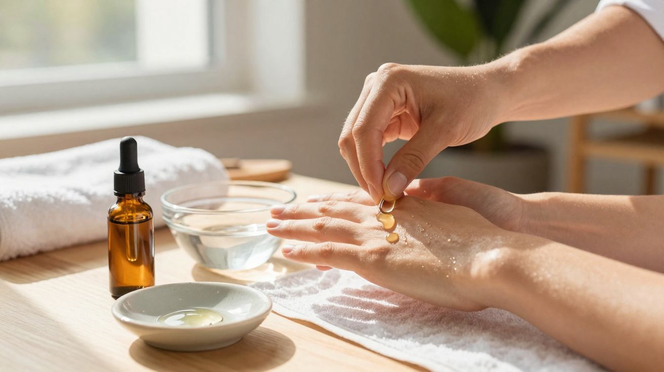 Pessoa a aplicar óleo de tratamento nas mãos com frasco e tigela em cima da mesa iluminada pelo sol.