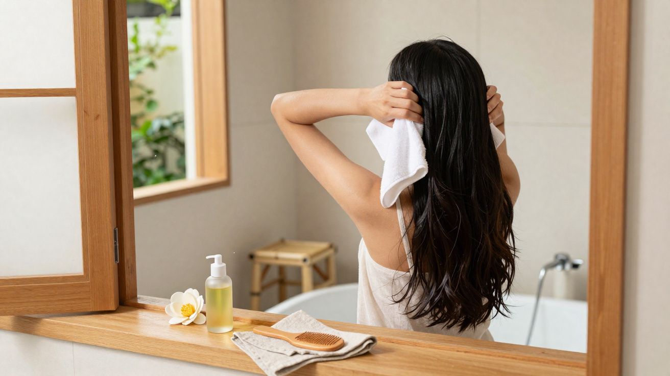 Mulher a secar o cabelo com toalha, vista de costas, em casa de banho iluminada naturalmente.