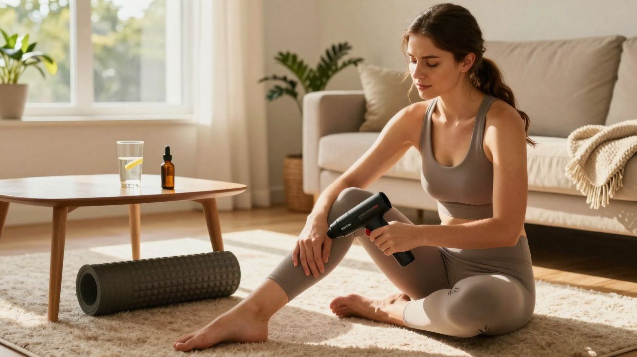 Mulher a usar pistola de massagem na perna sentada no chão de uma sala luminosa com tapete castanho claro.