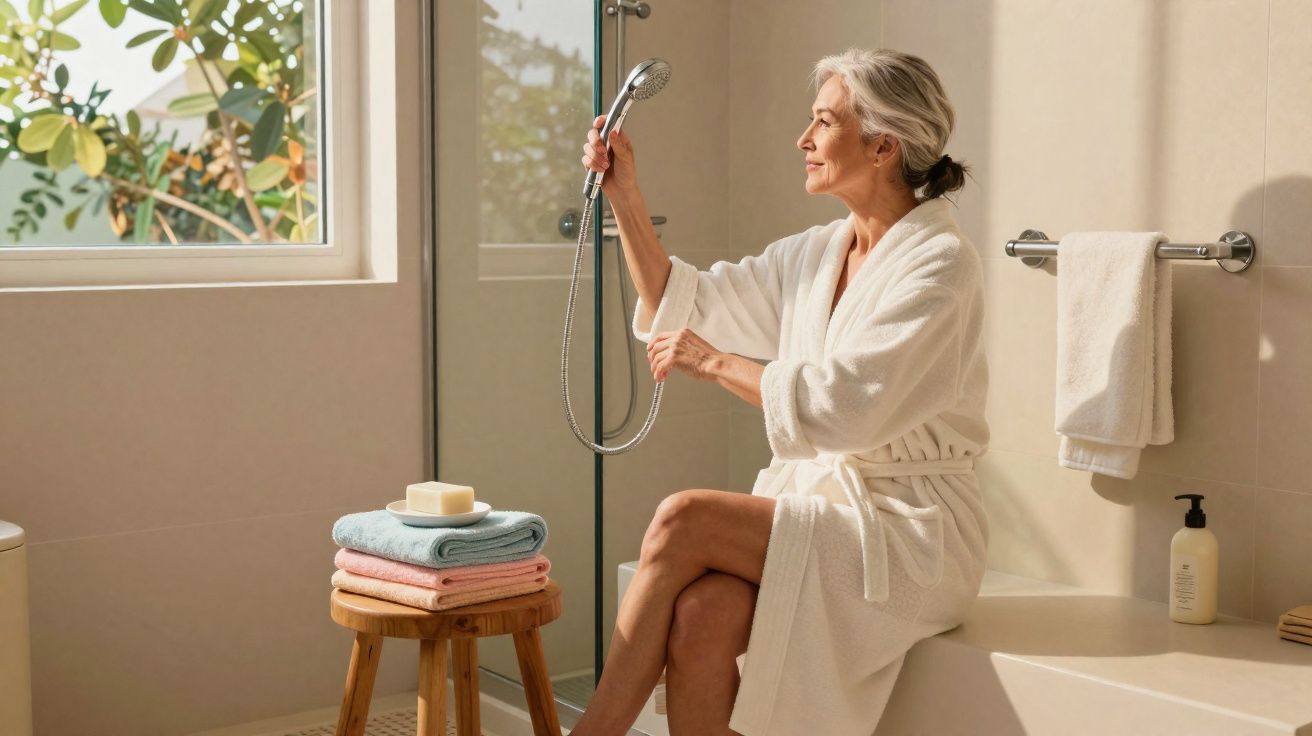 Mulher idosa em robe branco sentada na banheira de casa de banho, segurando chuveiro próximo à janela.