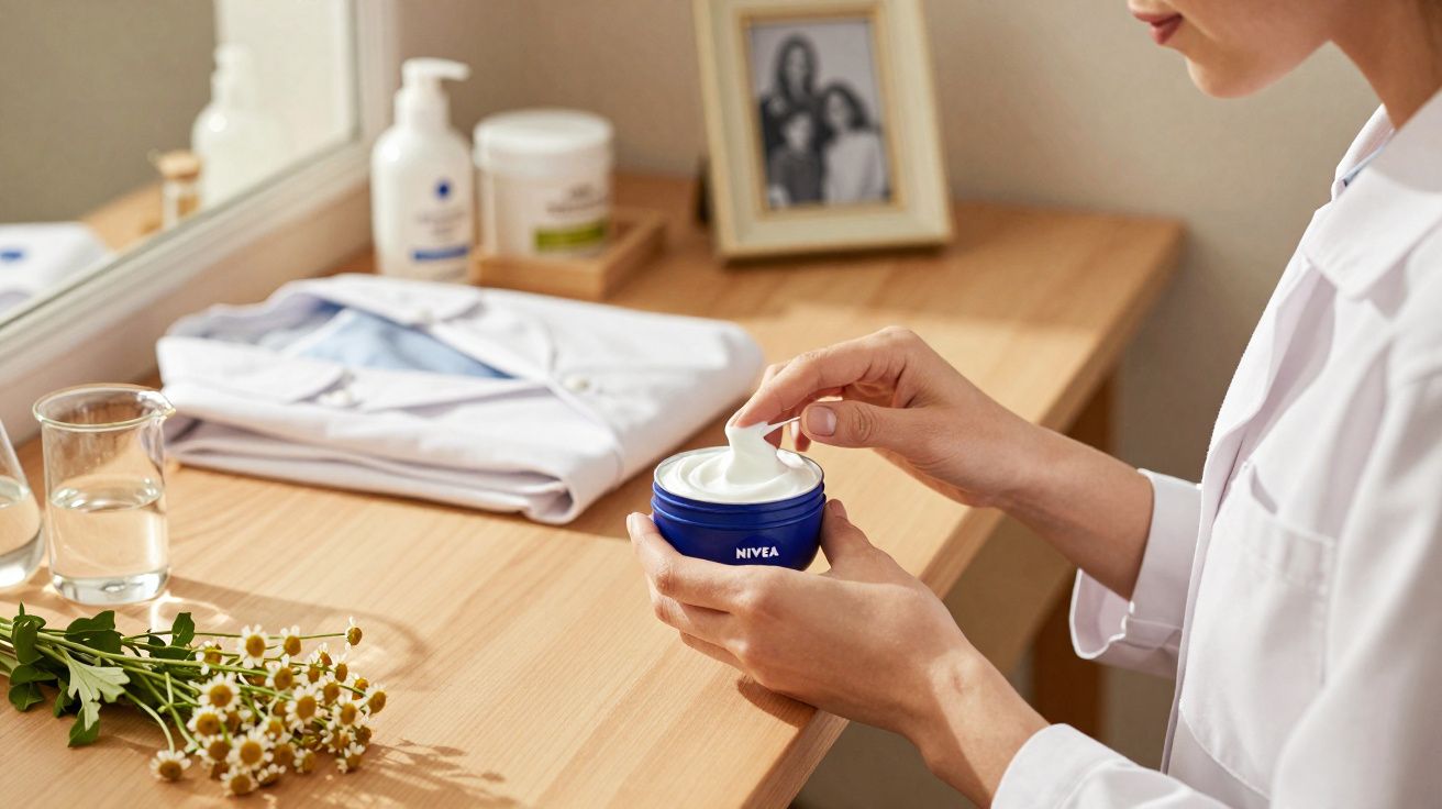 Pessoa a retirar creme Nivea de um frasco azul numa secretária com camisa branca e flores.