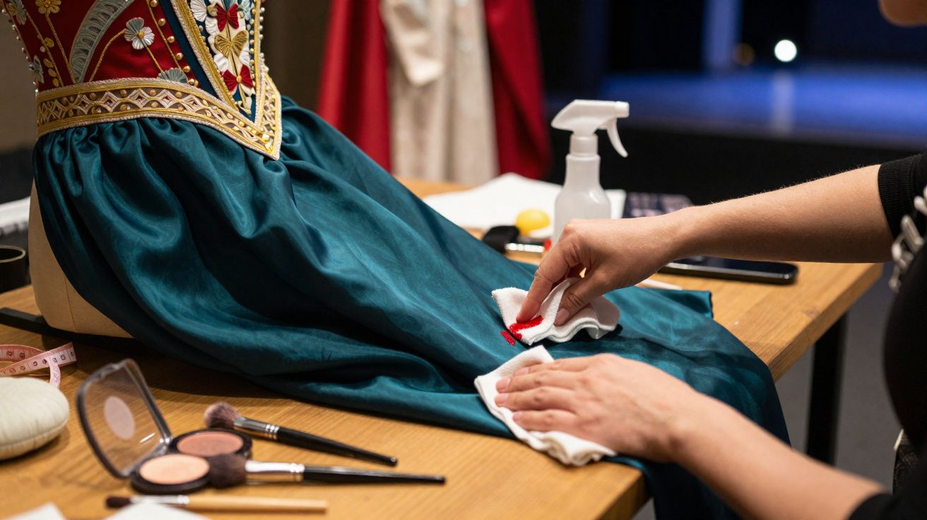 Pessoa limpa ou pinta tecido de vestido tradicional bordado numa mesa com maquilhagem à volta.