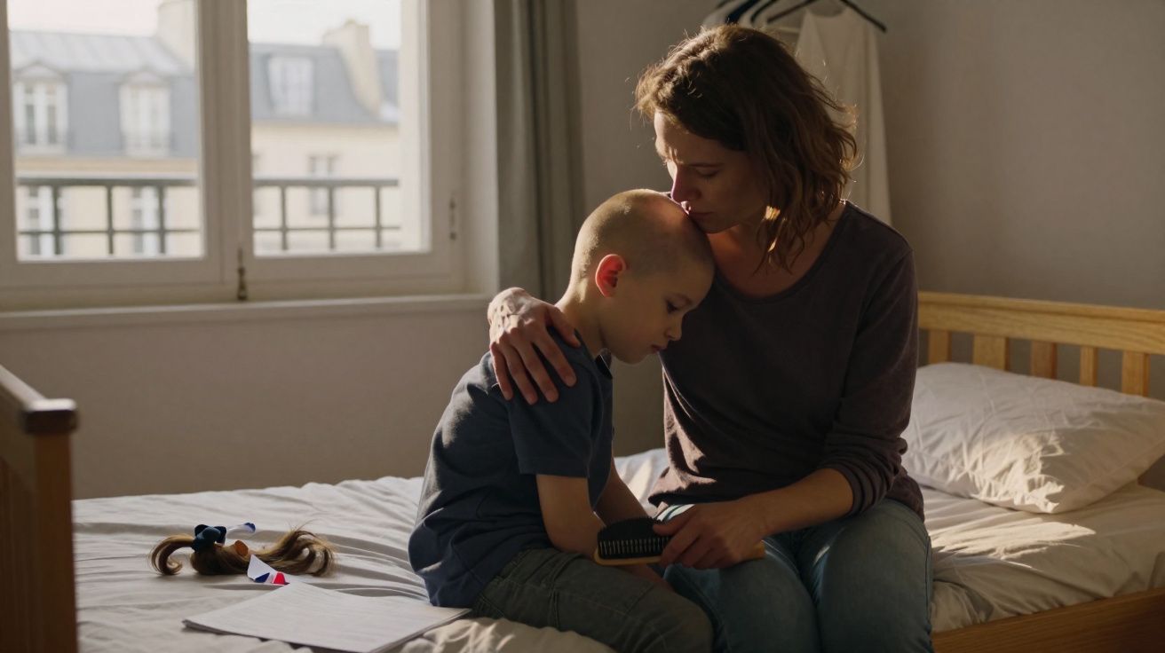 Mulher abraça e conforta menino careca sentado na cama num quarto iluminado pela janela.