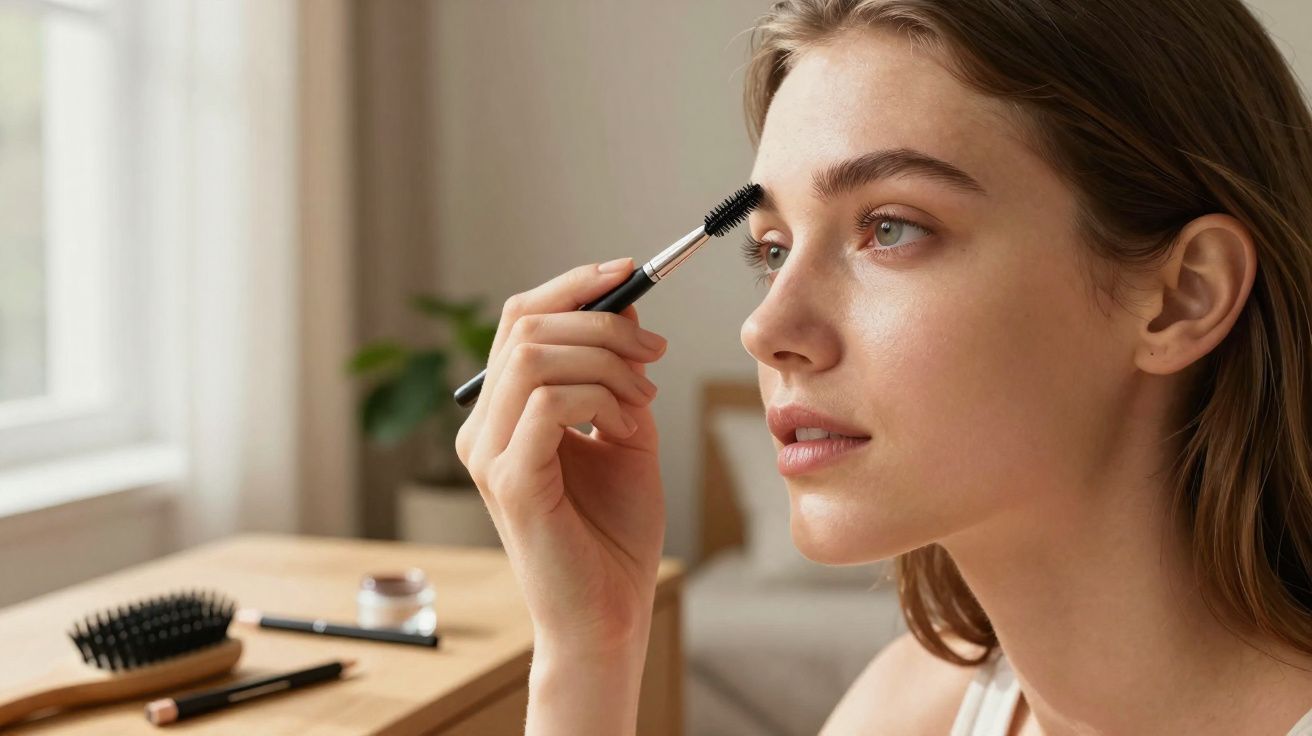 Mulher a aplicar maquilhagem nas sobrancelhas com uma escova, num ambiente interior iluminado.