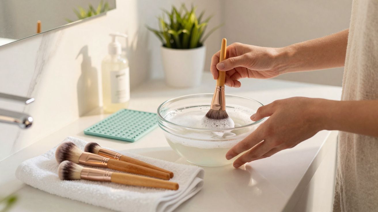 Pessoa a limpar pincel de maquilhagem numa taça com água e sabão sobre banca de casa de banho.