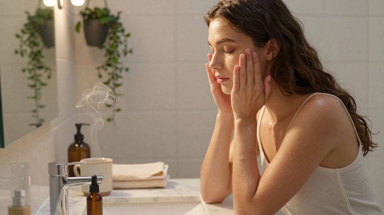 Mulher a cuidar do rosto numa casa de banho iluminada, com plantas e toalhas no lavatório.