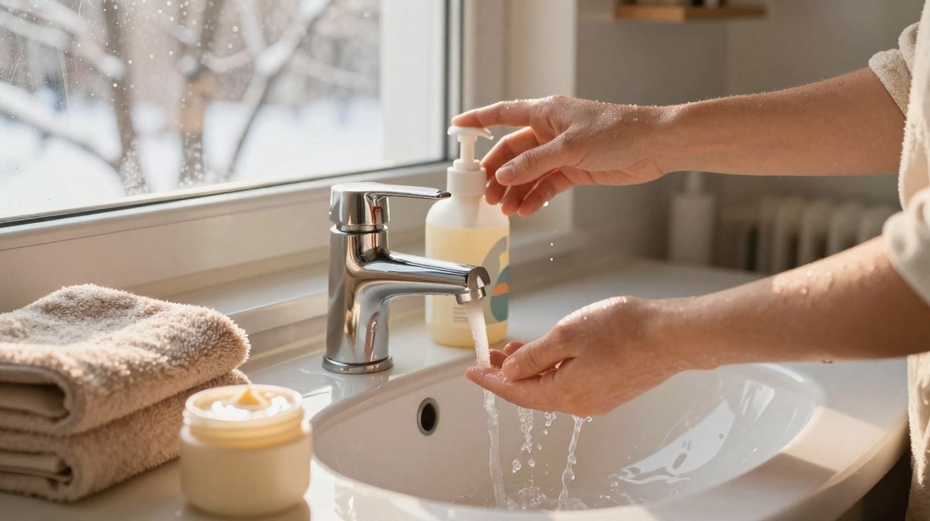 Pessoa lava as mãos com água e sabonete líquido numa casa de banho junto a uma janela com vista para neve.