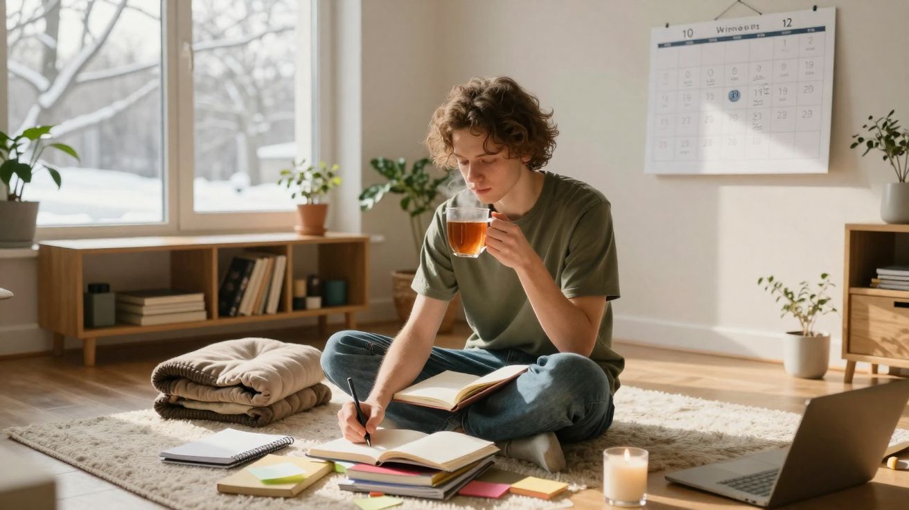 Pessoa jovem sentada no chão a estudar, a beber chá, rodeada de livros, cadernos e um computador portátil.