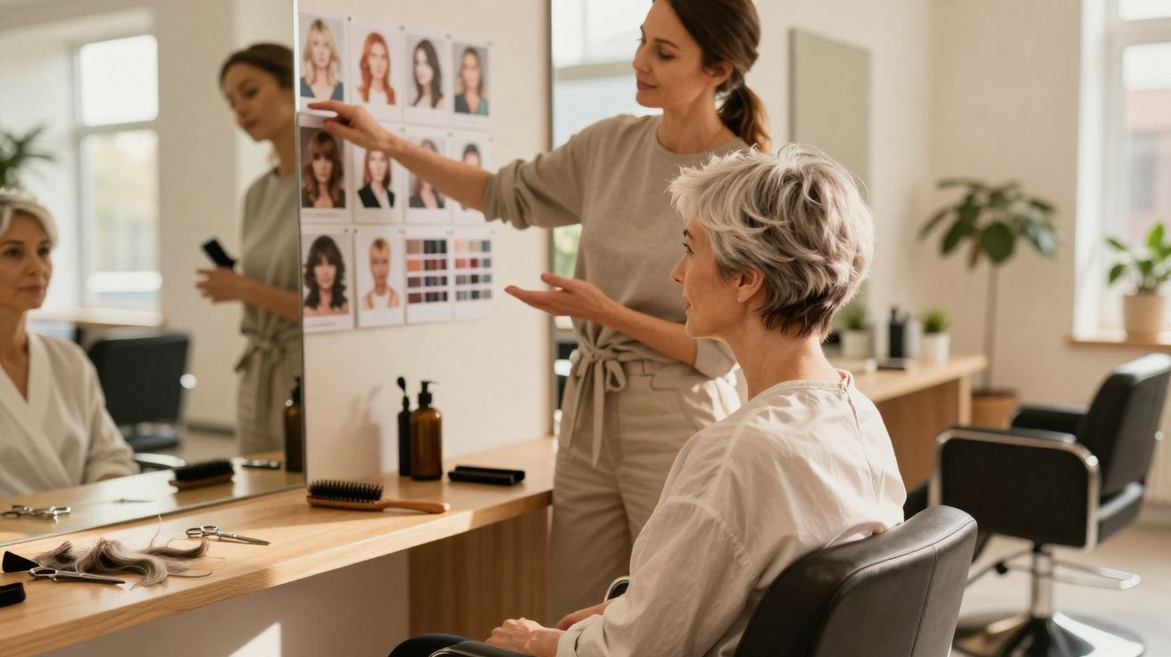Cliente sentada no cabeleireiro a escolher cortes de cabelo com a cabeleireira apontando opções pelo espelho.
