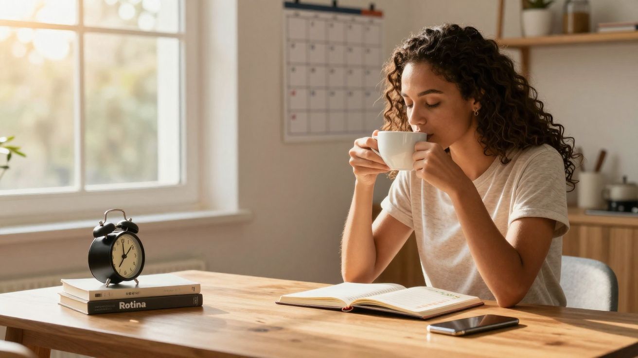 Mulher a beber café junto a uma mesa com livro aberto, telemóvel e despertador em ambiente iluminado pela manhã.