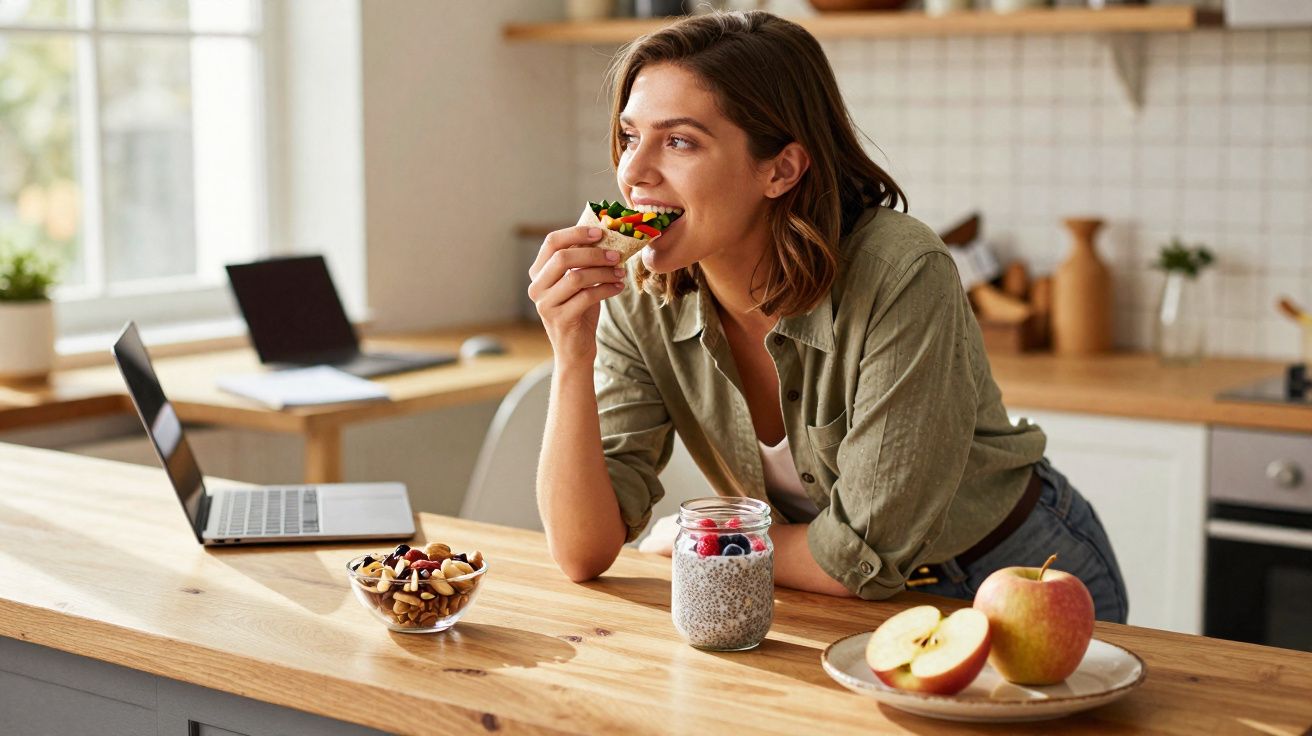 Mulher jovem sorridente a comer sanduíche saudável numa cozinha com computador portátil sobre a bancada.