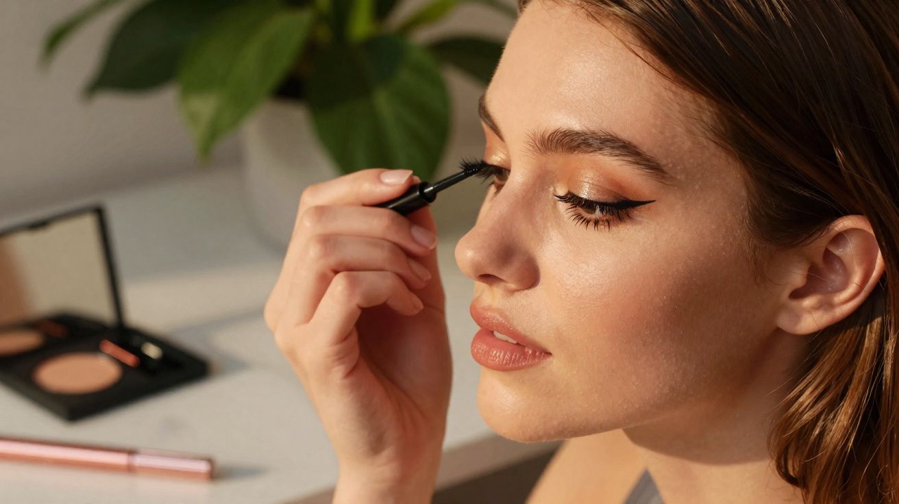 Mulher a aplicar máscara de pestanas com paleta de maquilhagem desfocada ao fundo.