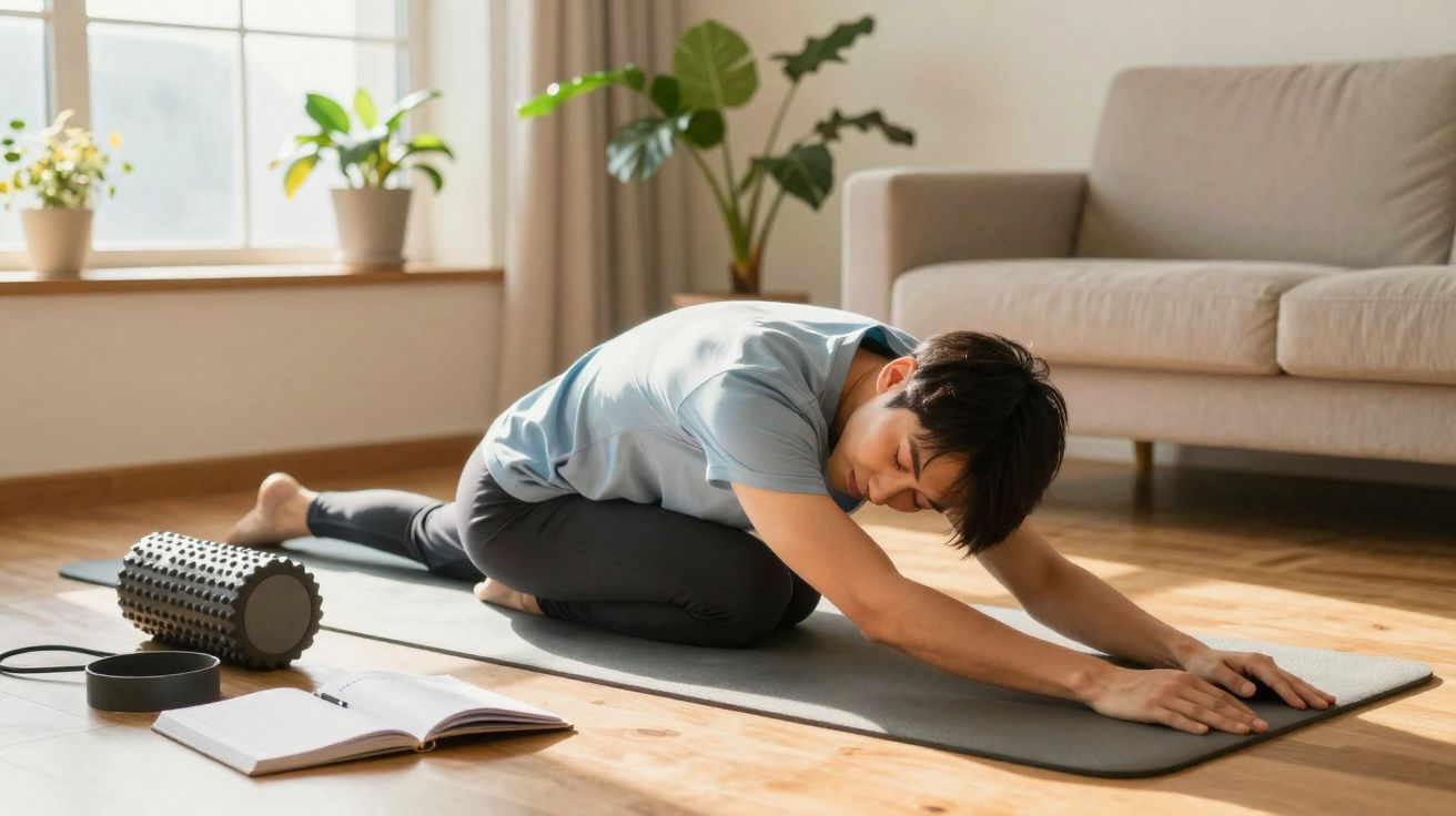 Pessoa jovem a fazer alongamento no tapete de yoga numa sala iluminada com plantas e sofá ao fundo.