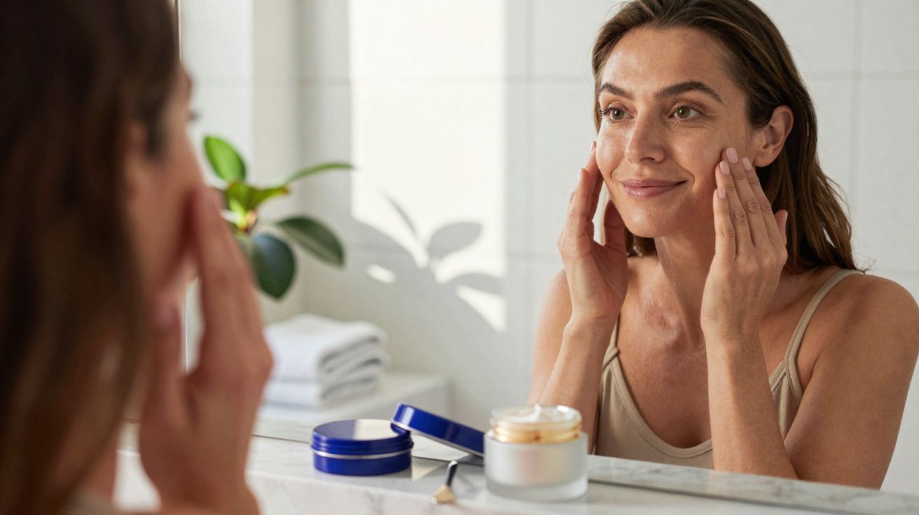 Mulher a aplicar creme facial em frente ao espelho numa casa de banho iluminada.