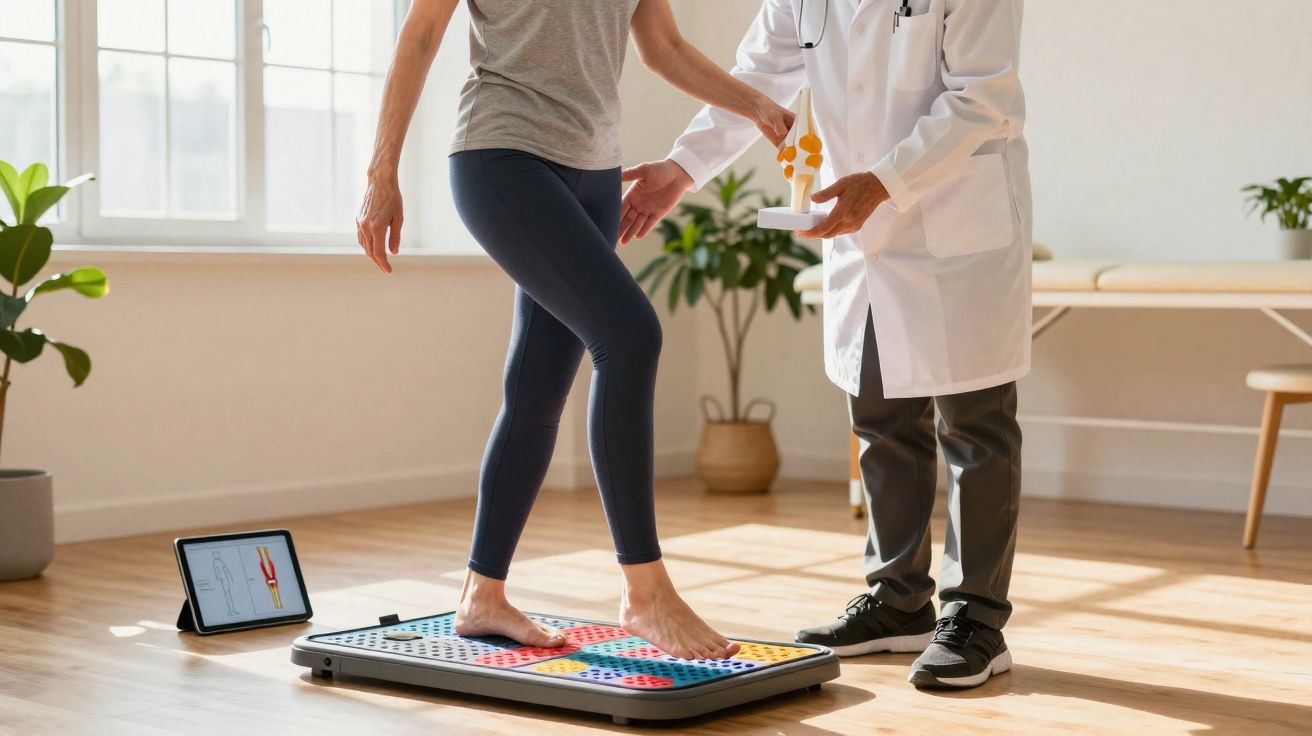 Paciente descalço numa plataforma multicolorida de avaliação física, acompanhado por médico com bata branca.