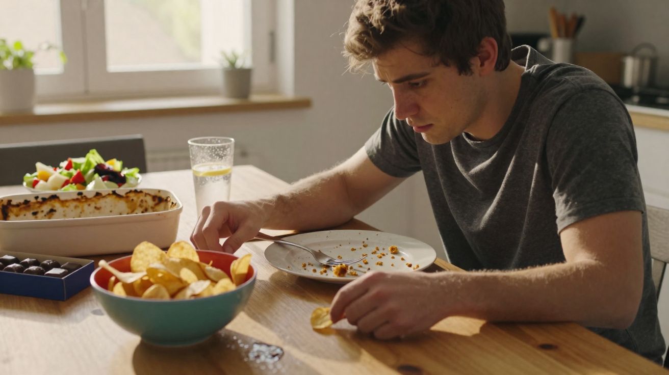 Homem jovem sentado à mesa com restos de comida no prato, a comer batatas fritas.