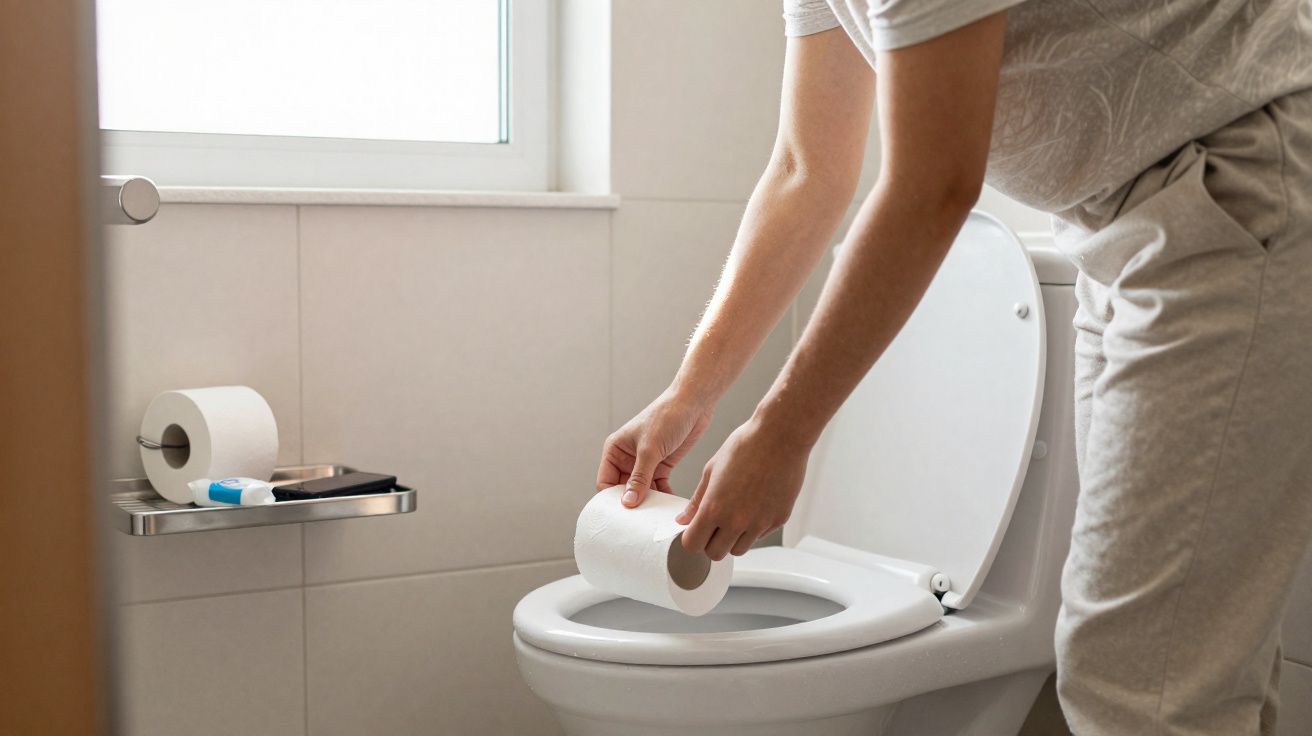 Pessoa a colocar papel higiénico na sanita numa casa de banho com janela.