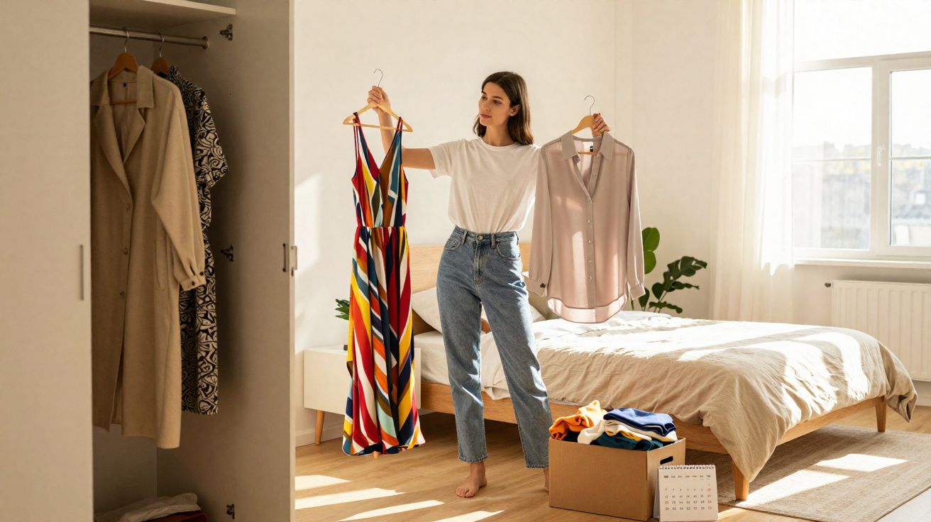 Mulher de pé no quarto, segurando vestido colorido e camisa clara enquanto escolhe roupa para vestir.