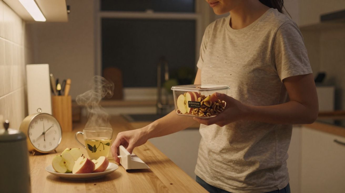 Mulher na cozinha, segurando caixa de fruta seca e fechando papel aderente sobre a bancada.