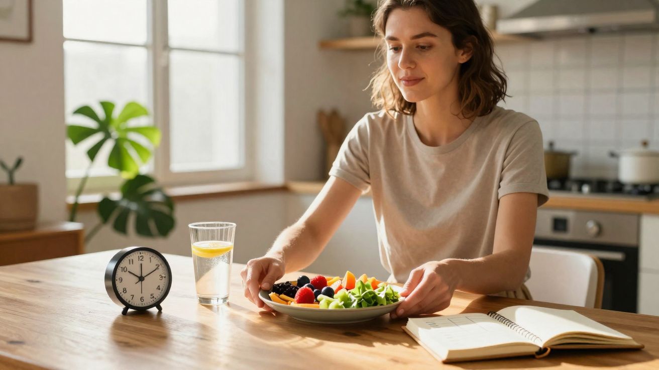 Mulher sentada à mesa, pronta para comer uma salada de frutas, com um copo de água e um livro aberto.