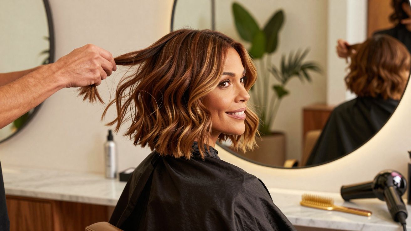 Mulher sorridente com cabelo curto e ondulado a ser penteada num salão de beleza, vista de perfil.
