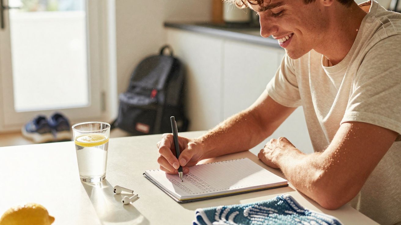Jovem a escrever num caderno, sentado numa mesa com copo de água e auscultadores sem fios.