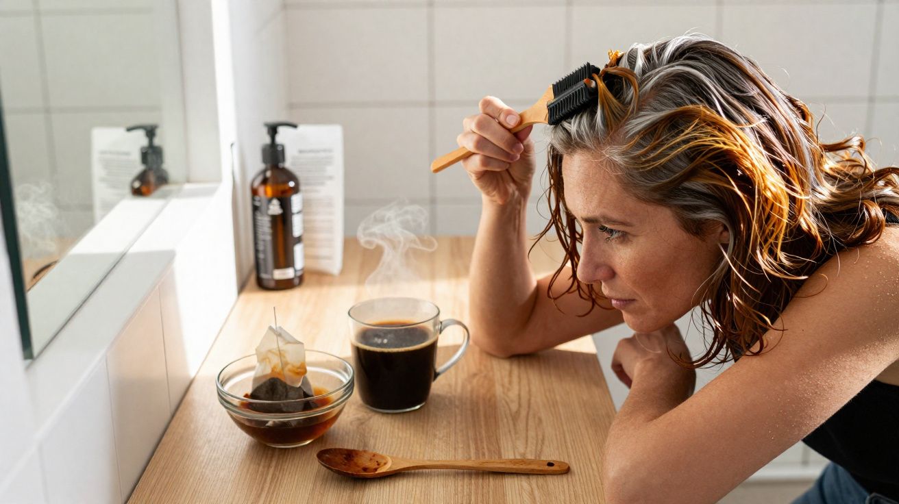 Mulher loira a pintar as raízes do cabelo enquanto olha para chávena de café e infusão quente na cozinha.