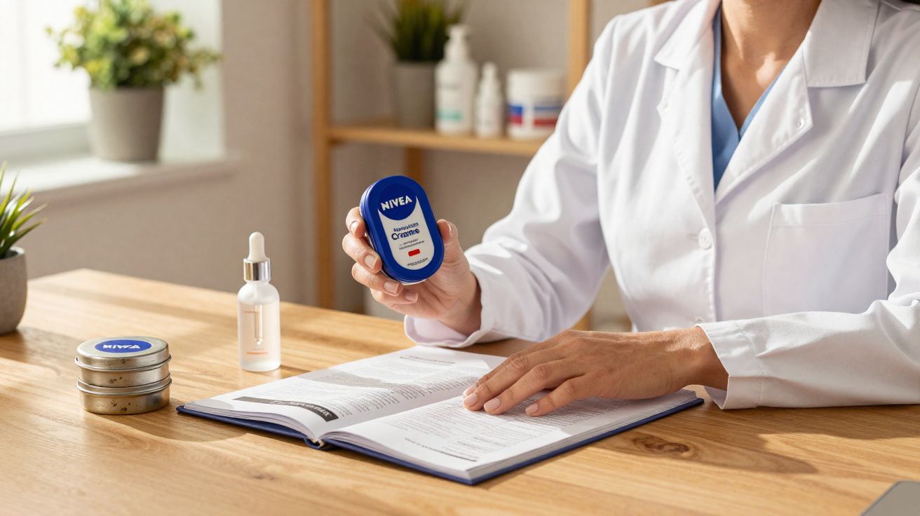 Pessoa de bata branca segurando creme Nivea sentado à mesa com livro aberto e produtos de cuidado pessoal.