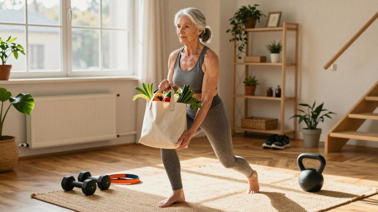 Mulher sénior a fazer exercício em casa, segurando saco com legumes numa sala iluminada.