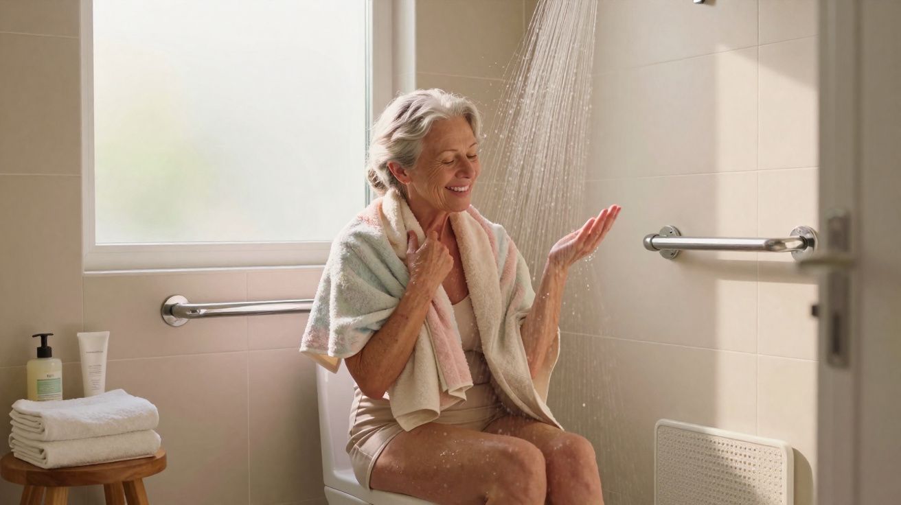 Mulher idosa sorridente sentada no vaso sanitário a tomar banho com toalhas ao ombro num banheiro bem iluminado.