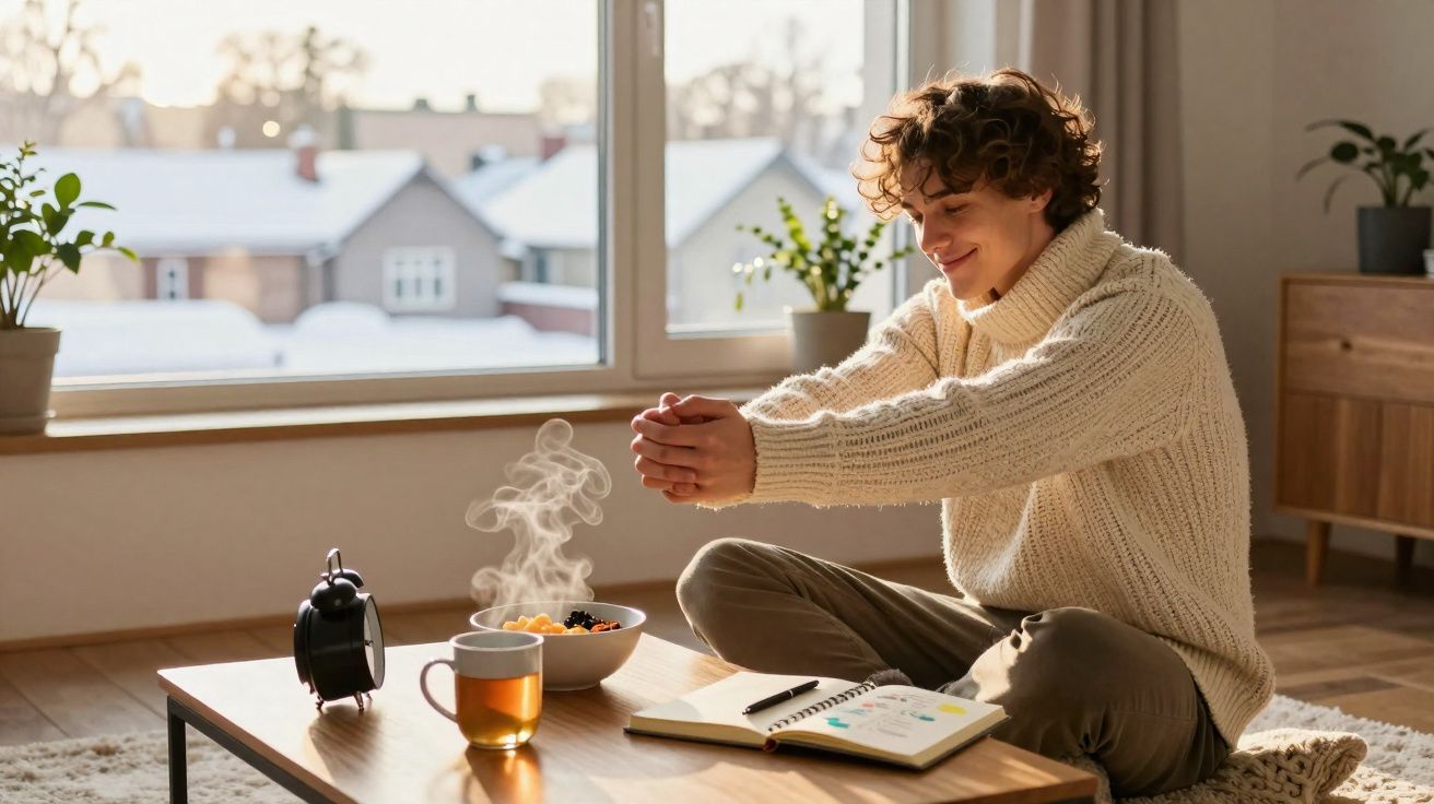 Jovem sentado no chão junto à mesa baixa, a apreciar uma bebida quente e um pequeno-almoço enquanto lê um livro.